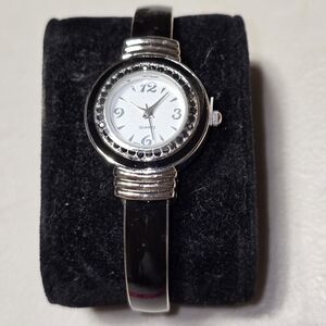 Silver Tone With Black Enamel Cuff Bracelet Watch New Unused